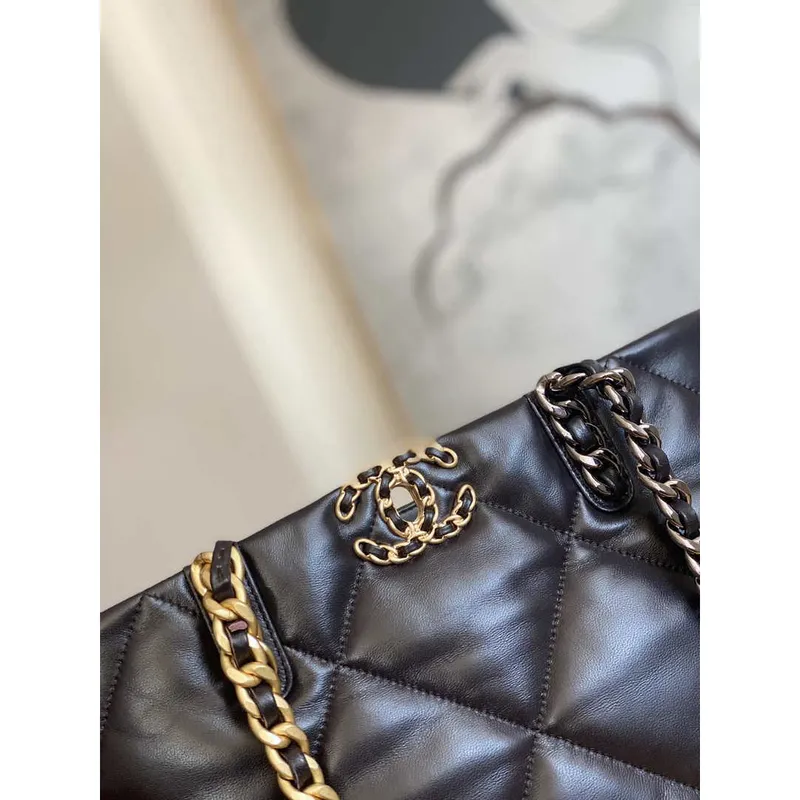 Chanel 19 Shopping Bag Shiny Lambskin AS3660 Gold Tone  Silver Tone & Ruthenium Finish Metal Dark Brown
