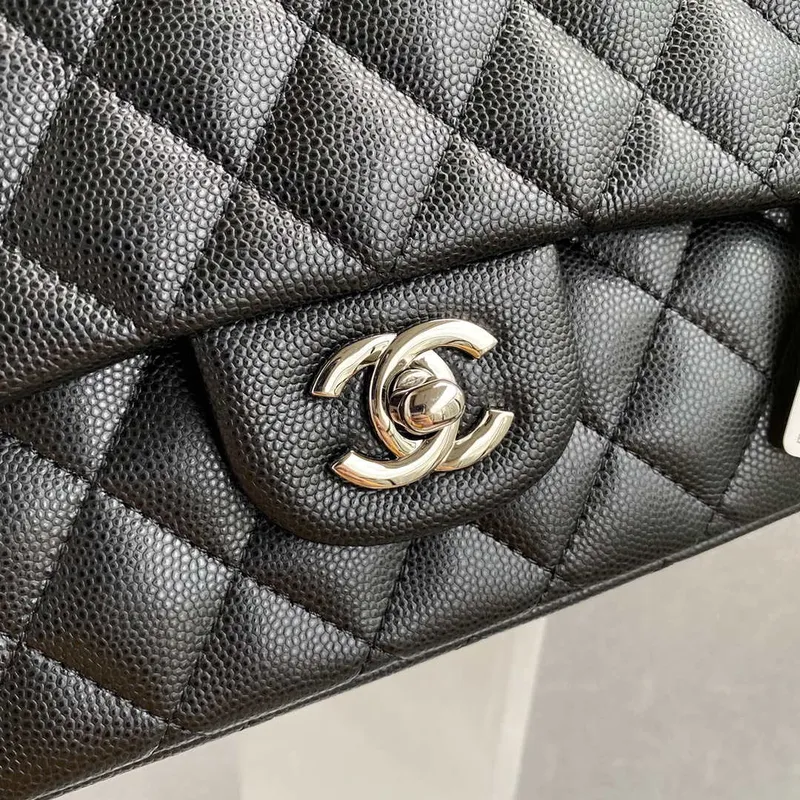 Chanel Flap Classic bag Grained shiny Calfskin Black A01112 Silver seamless edge