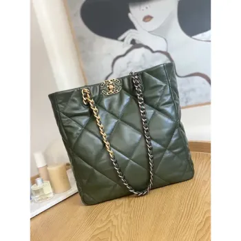 Chanel AS3519 CHANEL19 Shopping Bag Shiny Lambskin Dark Green