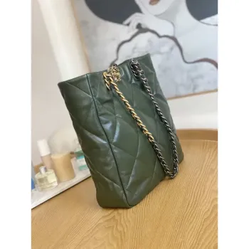 Chanel AS3519 CHANEL19 Shopping Bag Shiny Lambskin Dark Green