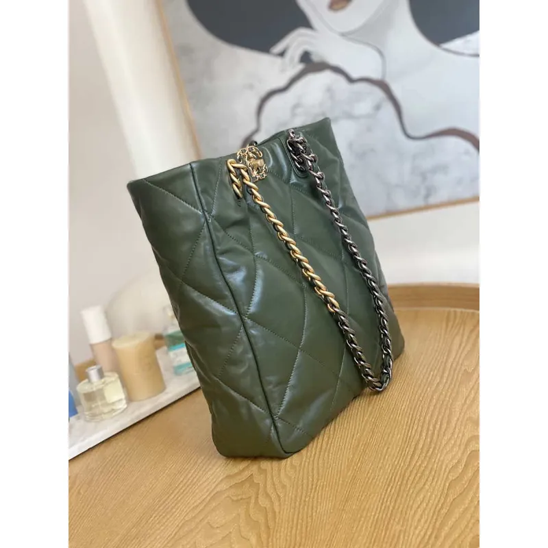 Chanel AS3519 CHANEL19 Shopping Bag Shiny Lambskin Dark Green