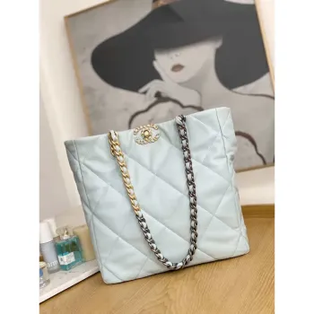 Chanel AS3519 CHANEL19 Shopping Bag Shiny Lambskin Light Blue