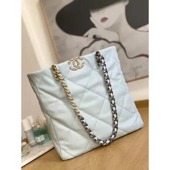 Chanel AS3519 CHANEL19 Shopping Bag Shiny Lambskin Light Blue