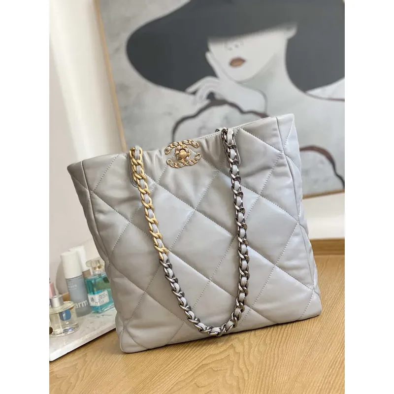Chanel AS3519 CHANEL19 Shopping Bag Shiny Lambskin Gray