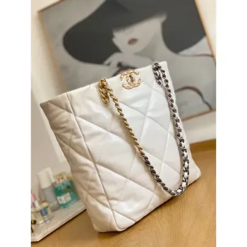 Chanel AS3519 CHANEL19 Shopping Bag Shiny Lambskin White