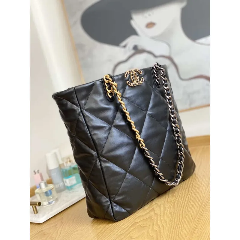 Chanel AS3519 CHANEL19 Shopping Bag Shiny Lambskin Black