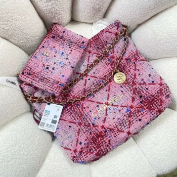 Chanel 22 Handbag Gold Tone Metal Canvas AS3260 Pink