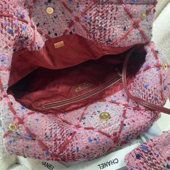 Chanel 22 Handbag Gold Tone Metal Canvas AS3260 Pink