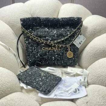 Chanel 22 Handbag Gold Tone Metal Canvas AS3260 Gray and White
