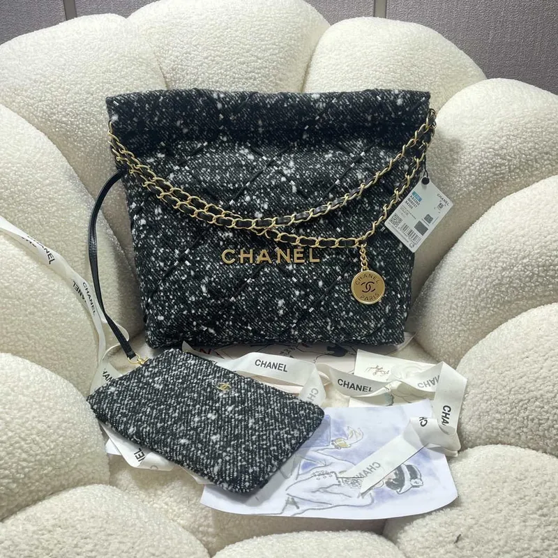 Chanel 22 Handbag Gold Tone Metal Canvas AS3260 Gray and White