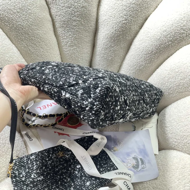 Chanel 22 Handbag Gold Tone Metal Canvas AS3260 Gray and White