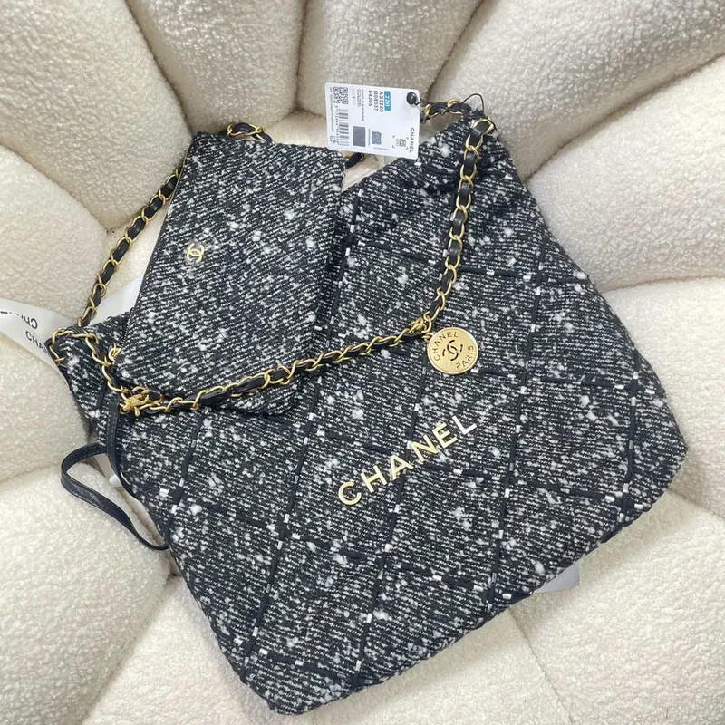 Chanel 22 Handbag Gold Tone Metal Canvas AS3260 Gray and White