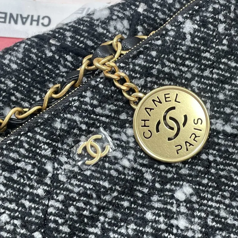 Chanel 22 Handbag Gold Tone Metal Canvas AS3260 Gray and White