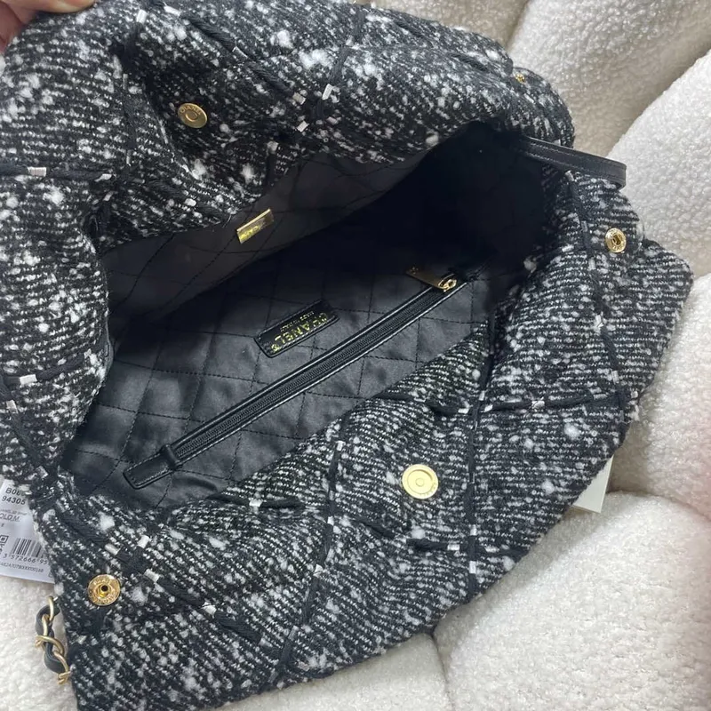 Chanel 22 Handbag Gold Tone Metal Canvas AS3260 Gray and White