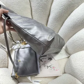Chanel 22 Small Handbag Shiny Calfskin AS3260 Gray Silver