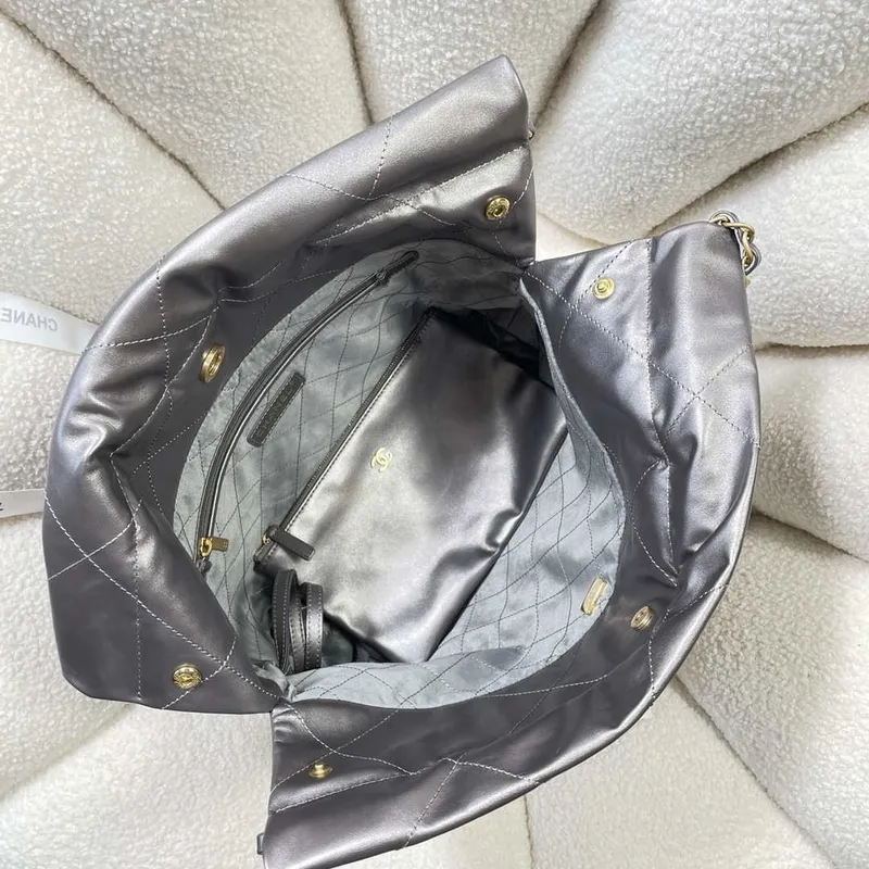 Chanel 22 Small Handbag Shiny Calfskin AS3260 Gray Silver