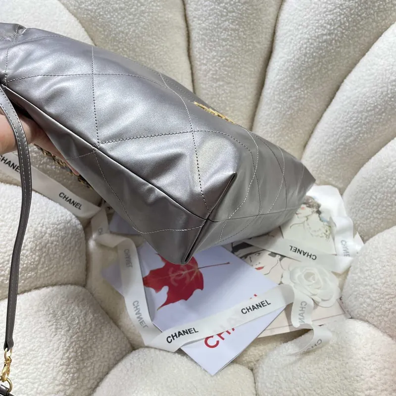 Chanel 22 Handbag Shiny Calfskin AS3261 Gray Silver