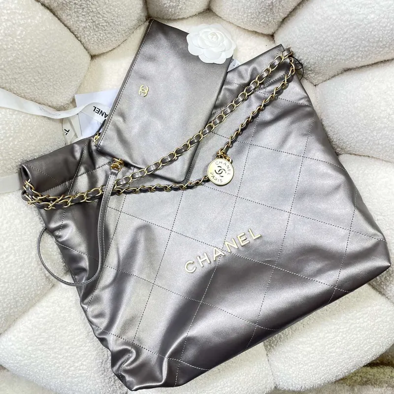 Chanel 22 Handbag Shiny Calfskin AS3261 Gray Silver
