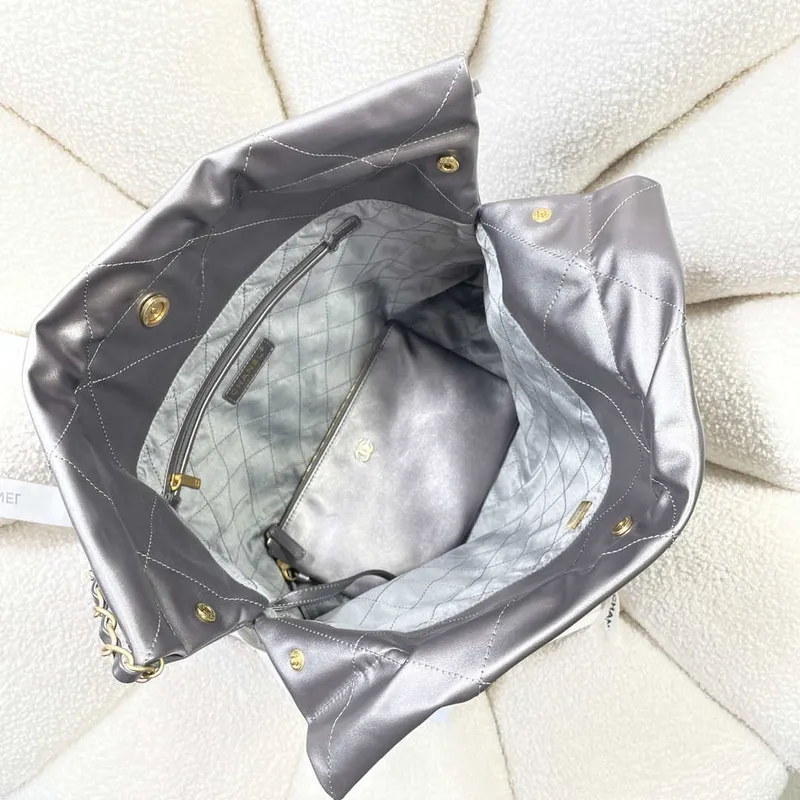 Chanel 22 Handbag Shiny Calfskin AS3261 Gray Silver