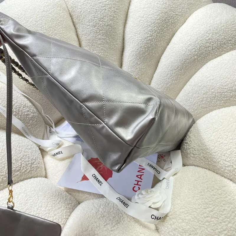 Chanel 22 Large Handbag Shiny Calfskin AS3262 Gray Silver