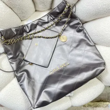 Chanel 22 Large Handbag Shiny Calfskin AS3262 Gray Silver