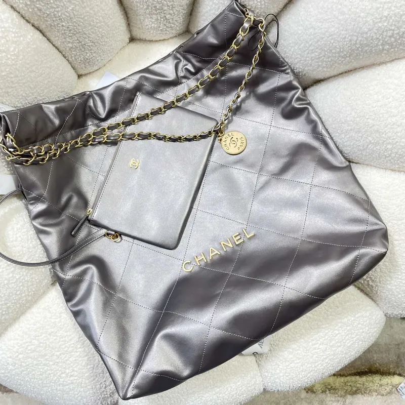 Chanel 22 Large Handbag Shiny Calfskin AS3262 Gray Silver