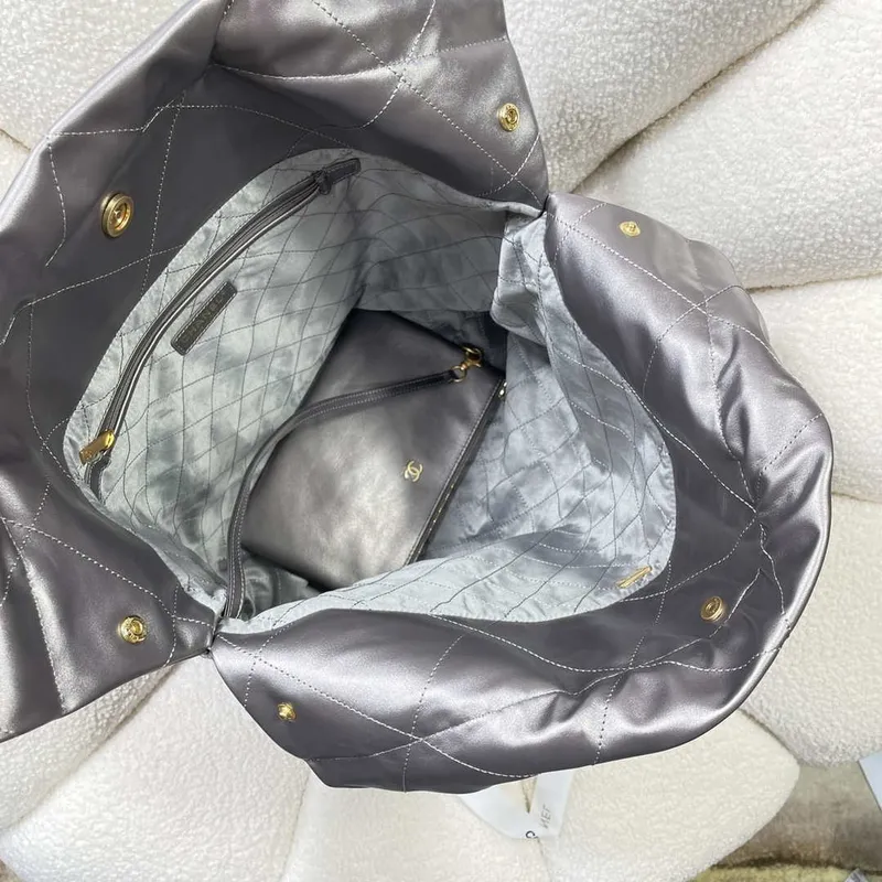 Chanel 22 Large Handbag Shiny Calfskin AS3262 Gray Silver