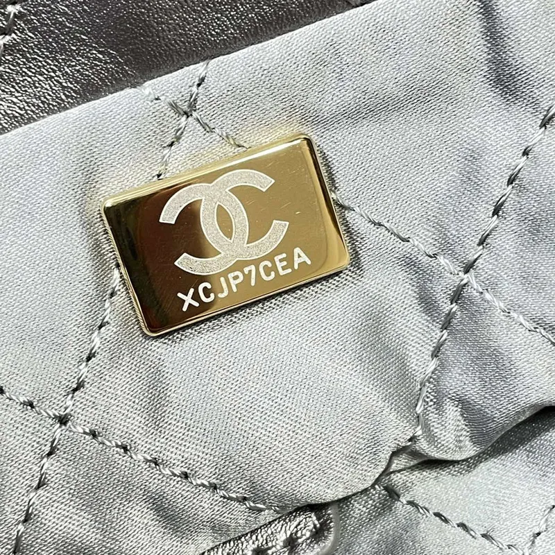 Chanel 22 Large Handbag Shiny Calfskin AS3262 Gray Silver