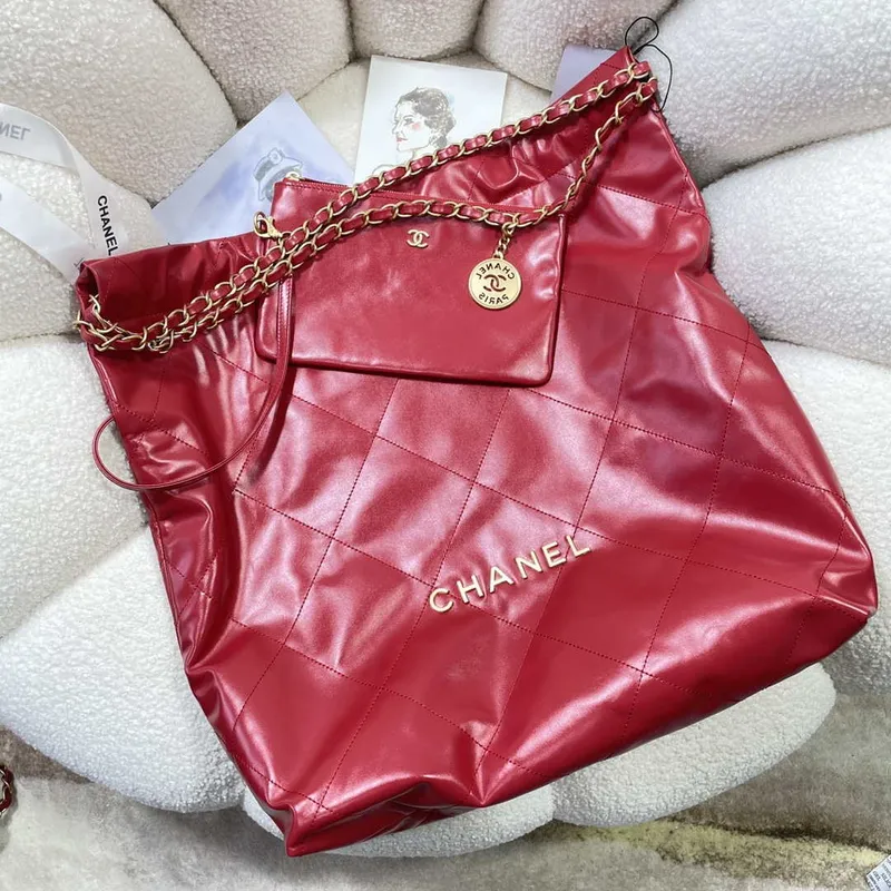 Chanel 22 Large Handbag Shiny Calfskin AS3262 Red