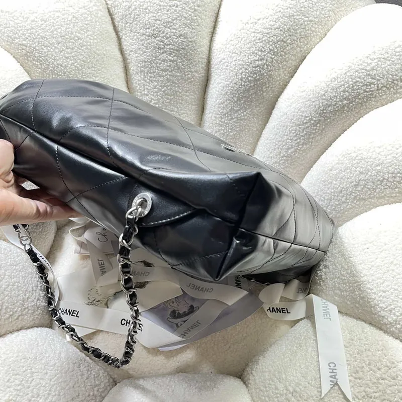 Chanel 22 Backpack Shiny Calfskin AS3313 Black With Sliver Logo