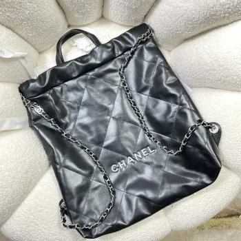 Chanel 22 Backpack Shiny Calfskin AS3313 Black With Sliver Logo