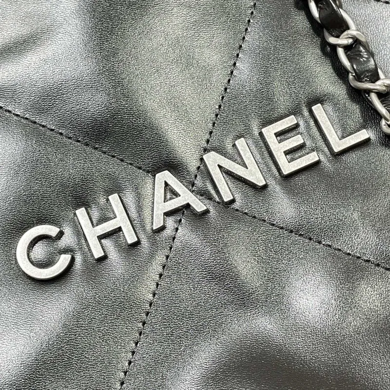 Chanel 22 Backpack Shiny Calfskin AS3313 Black With Sliver Logo