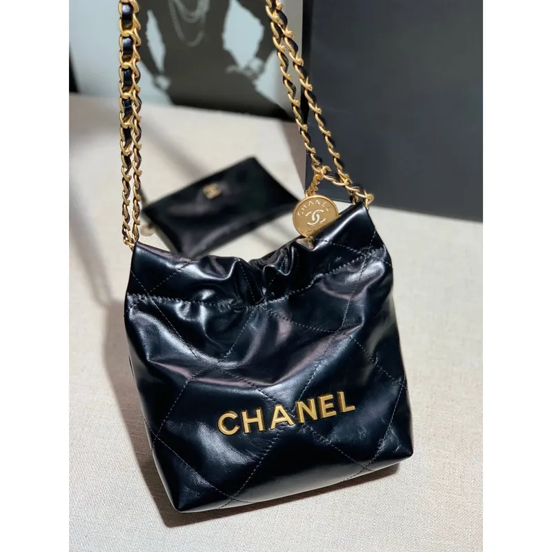 Chanel AS3260 22 Mini Handbag Shiny Calfskin Black with Gold A86