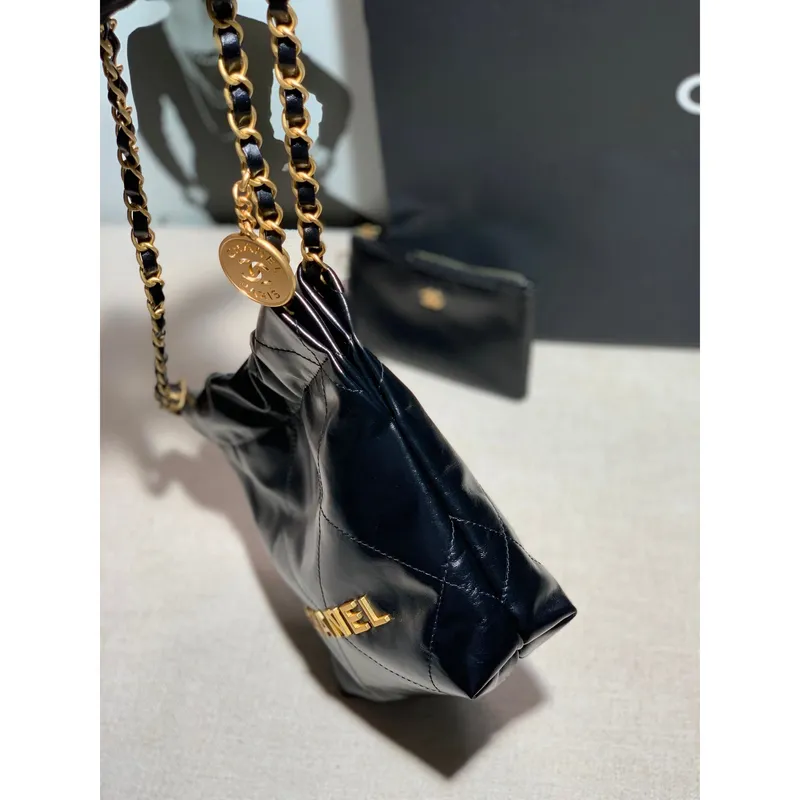 Chanel AS3260 22 Mini Handbag Shiny Calfskin Black with Gold A86