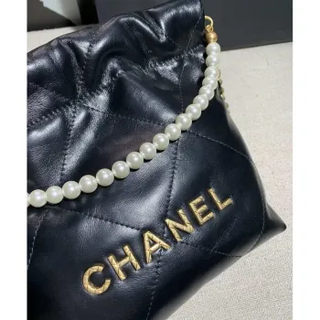 Chanel AS3260 22 Mini Handbag Calfskin Pearl Chain Black with Gold A90