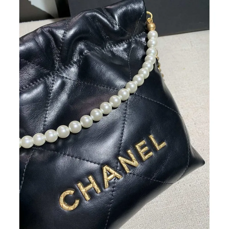 Chanel AS3260 22 Mini Handbag Calfskin Pearl Chain Black with Gold A90