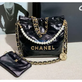 Chanel 22 Mini Handbag Shiny Calfskin AS3260 Pearl Chain Black with Gold