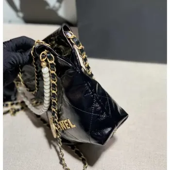 Chanel 22 Mini Handbag Shiny Calfskin AS3260 Pearl Chain Black with Gold