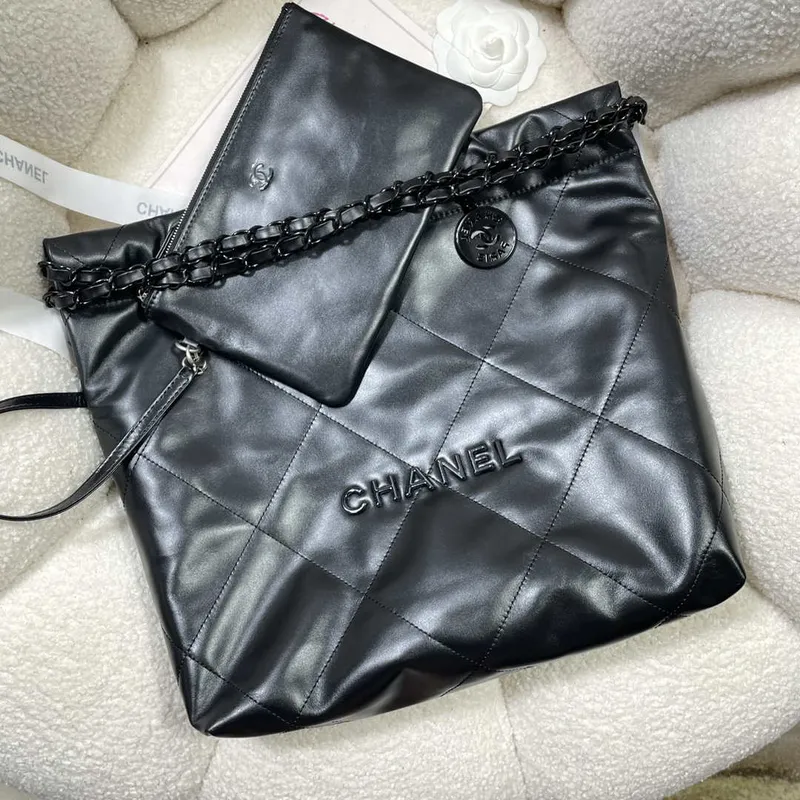 Chanel 22 Small Handbag Shiny Calfskin AS3260 Black with Black logo