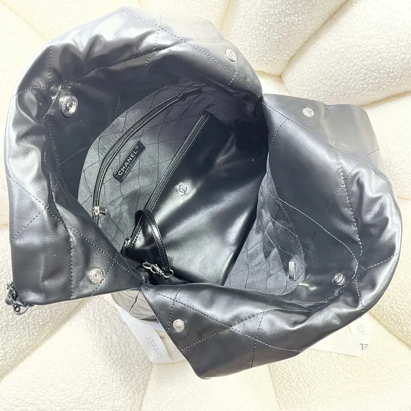 Chanel 22 Small Handbag Shiny Calfskin AS3260 Black with Black logo