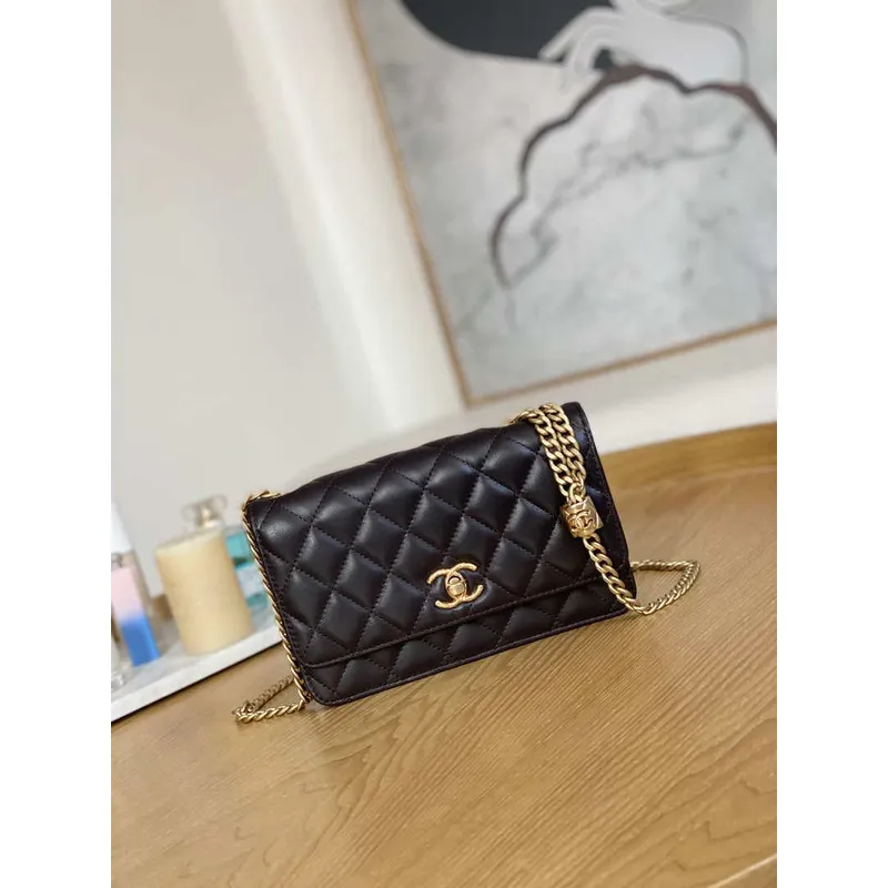 Chanel AP3043 WALLET ON CHAIN Lambskin & Gold Tone Metal Dark Brown