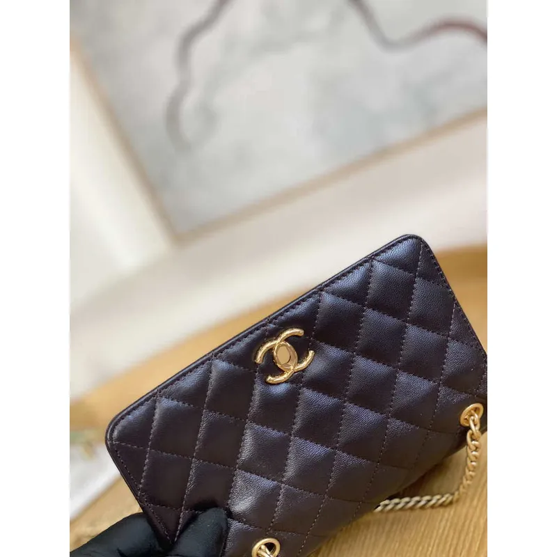 Chanel AP3043 WALLET ON CHAIN Lambskin & Gold Tone Metal Dark Brown