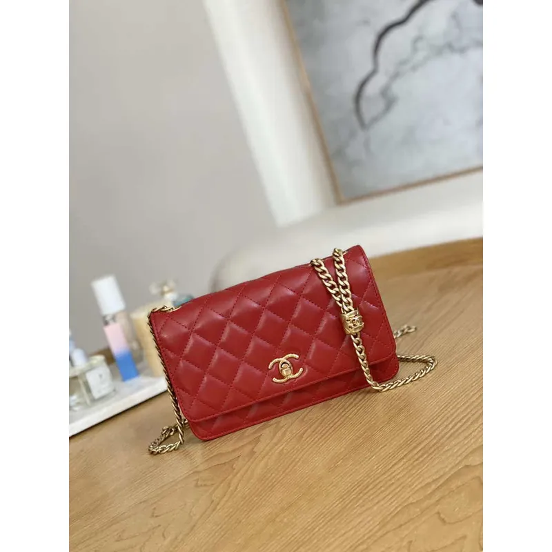 Chanel AP3043 WALLET ON CHAIN Lambskin & Gold Tone Metal Red