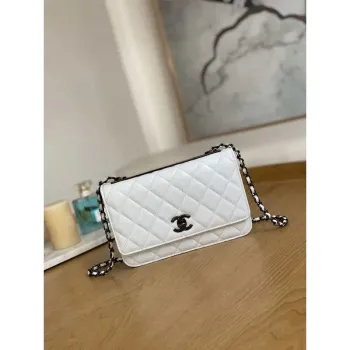 Chanel A88632 WOC 19 Chain Wallet — White Lambskin with Black Hardware