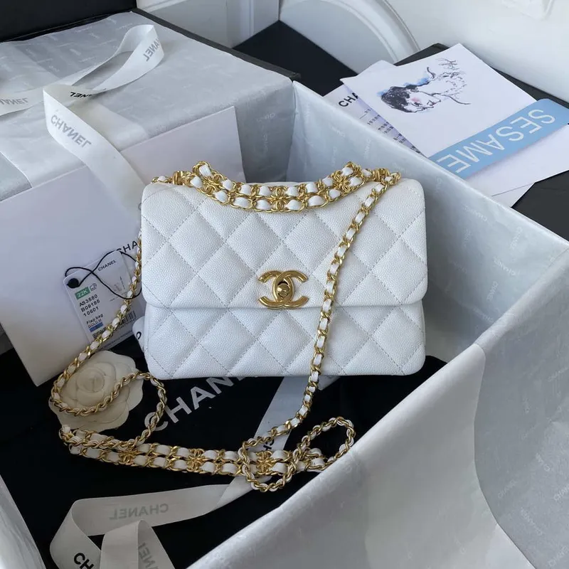 Chanel AS3580 Small Flap Bag Lambskin Lambskin & Gold Tone Metal White