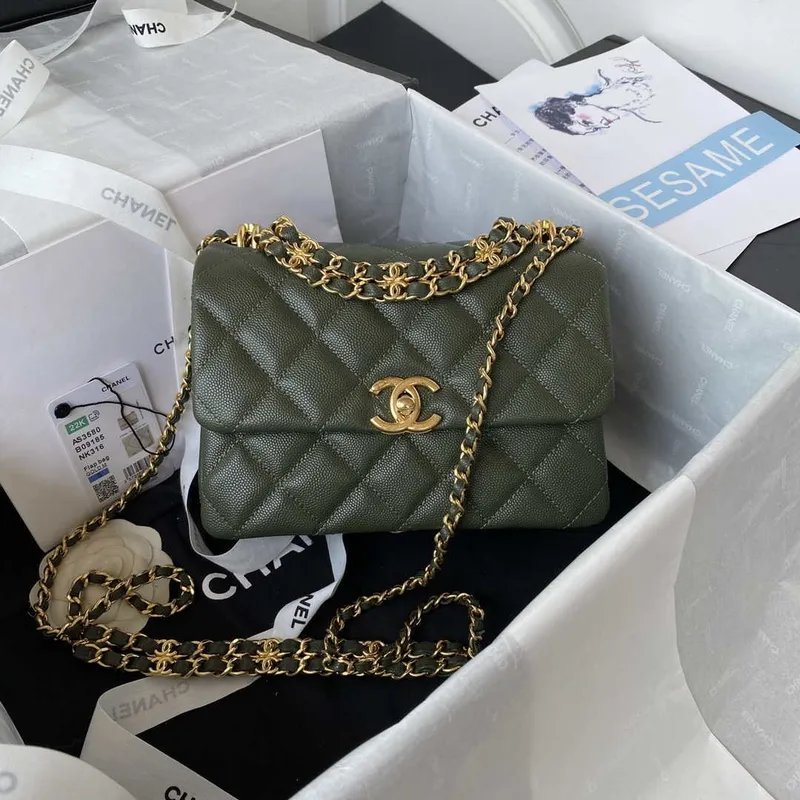 Chanel AS3580 Small Flap Bag Lambskin Lambskin & Gold Tone Metal Green