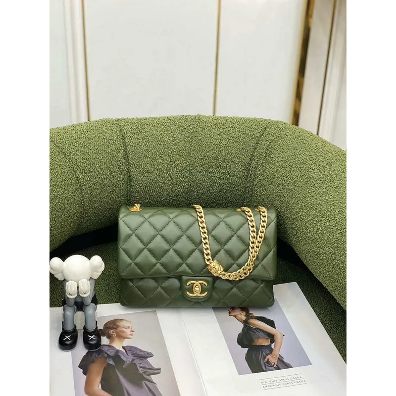 Chanel AS3609 Flap Bag Lambskin Lambskin & Gold Tone Metal Green