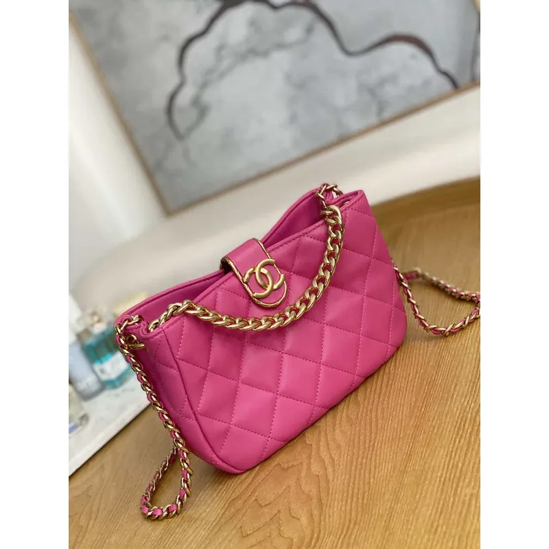 Chanel AS3476 Hobo Handbag Lambskin Rose Red