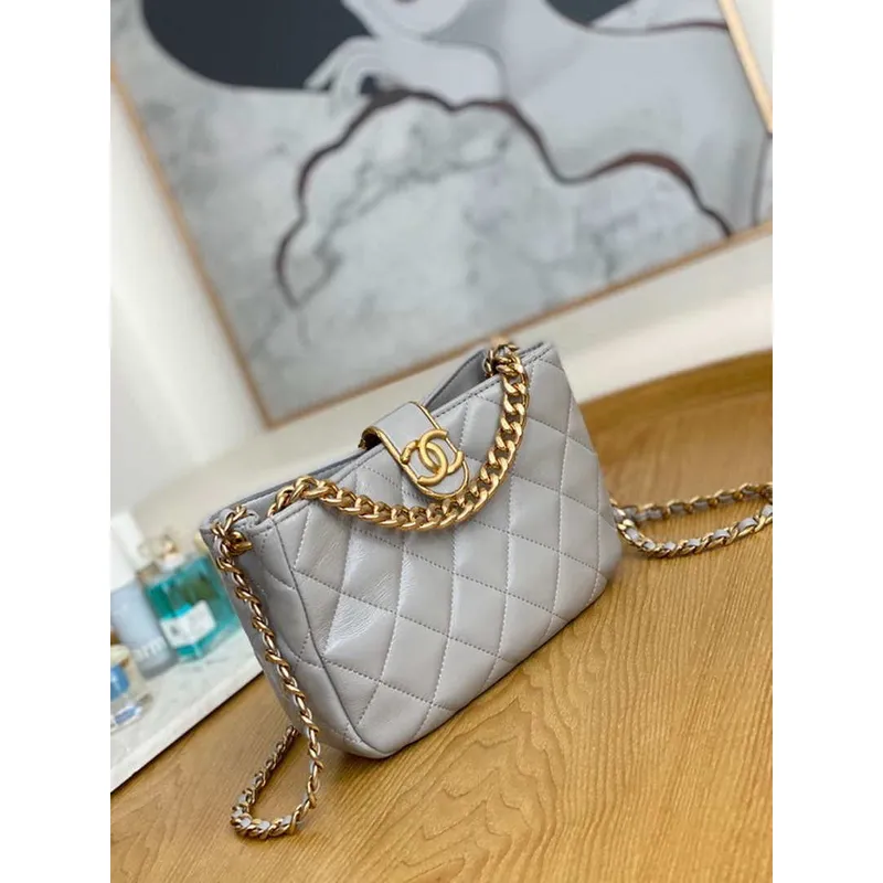 Chanel AS3476 Hobo Handbag Lambskin Light Grey