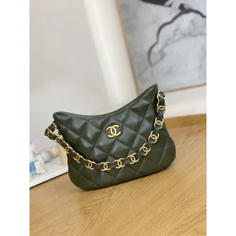 Chanel AS3562 Hobo Handbag Lambskin Dark Green